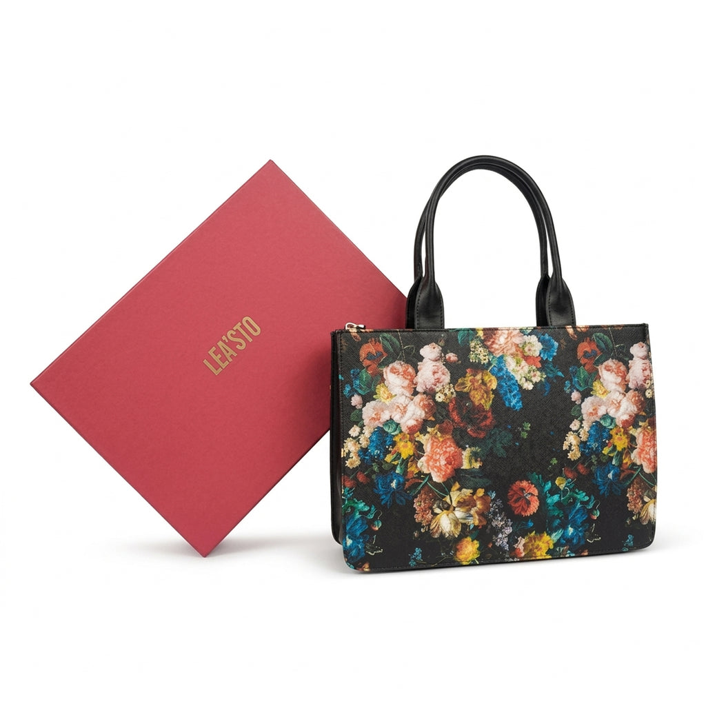 Leasto Floral Bloom Tote – Spacious Structured Handbag with Gold Accents