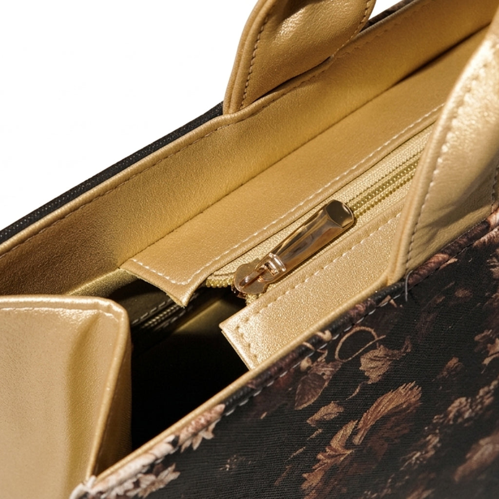 Leasto Floral Elegance Tote Bag – Spacious Structured Handbag with Gold Accents
