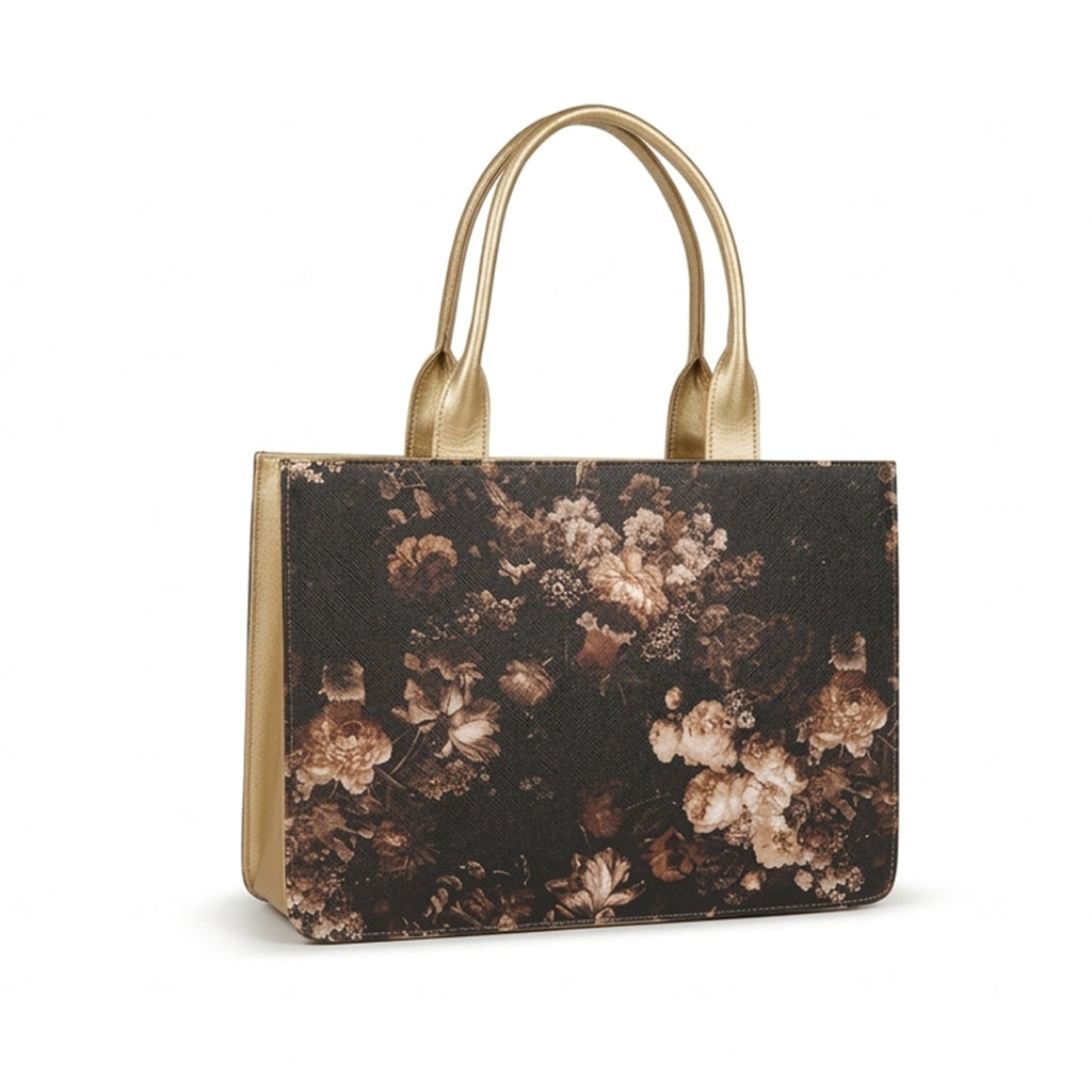 Leasto Floral Elegance Tote Bag – Spacious Structured Handbag with Gold Accents